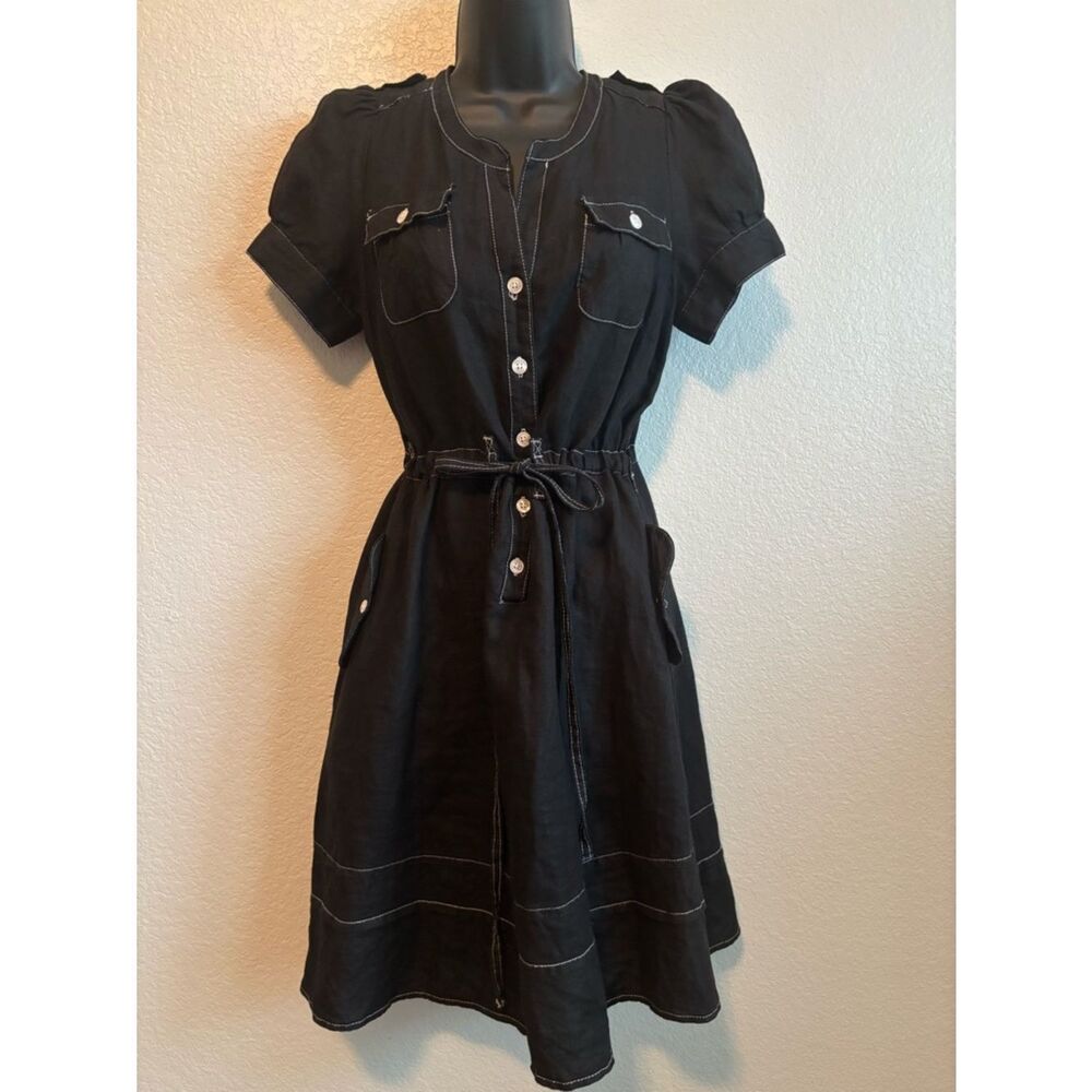 Maeve Black Short-Sleeve Linen Button Front Midi Dress with Tie Waist